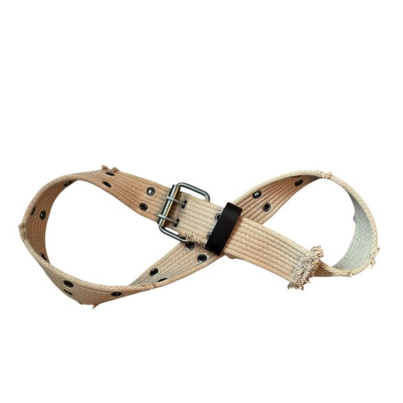 Vintage 90's Grunge Distressed Double Grommet Canvas Belt Beige - Picture 6 of 7